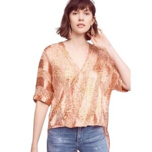 Floreat Anthropologie Silk Blend Size Small Floral Striped Hi Low Blouse